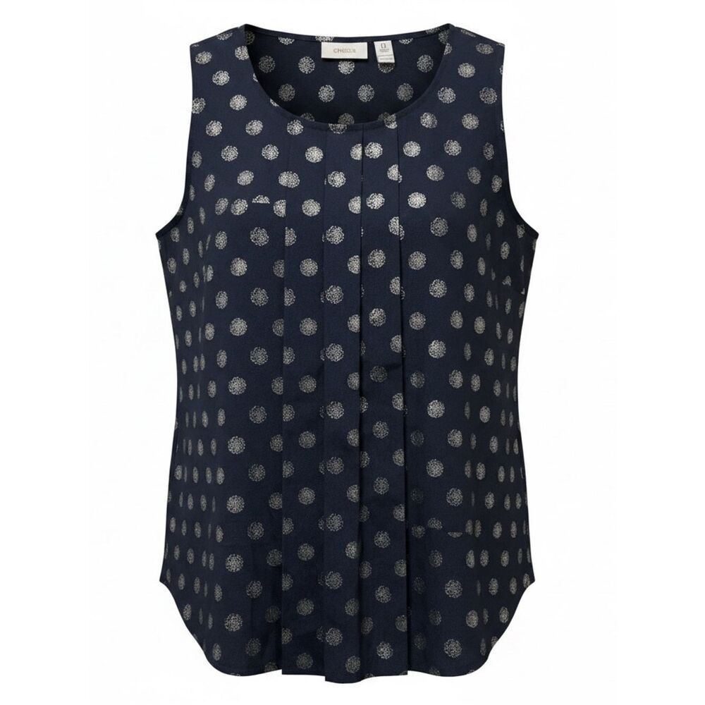 Chico’s Blouse Womens Size S Navy Blue Sleeveless Metallic Polka Dot
